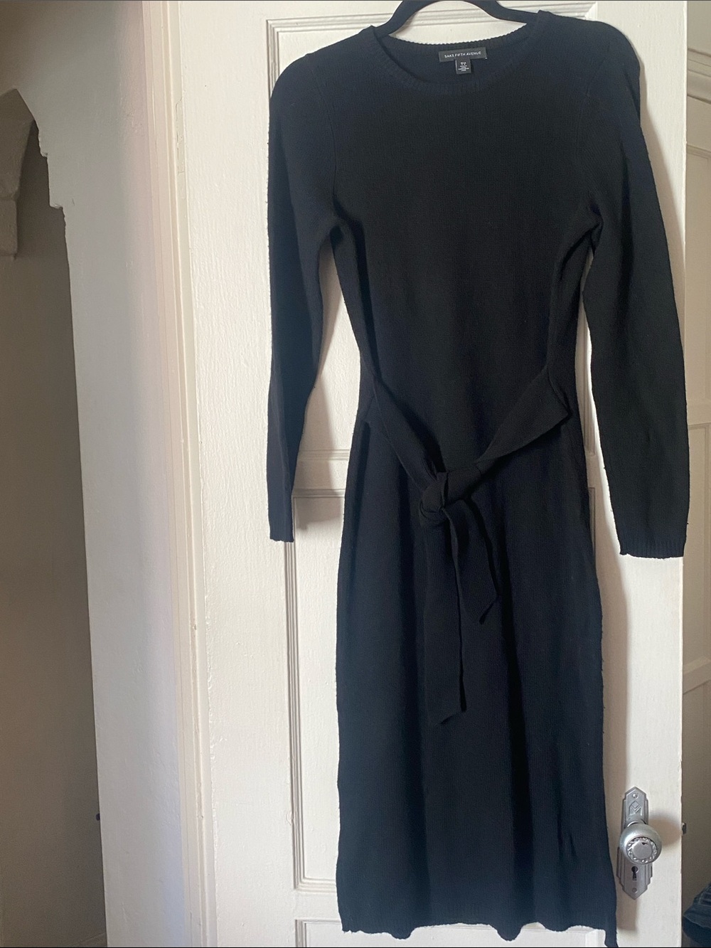 Saks Fifth Avenue Black Long-Sleeve Knit Midi Dress with Tie Waist